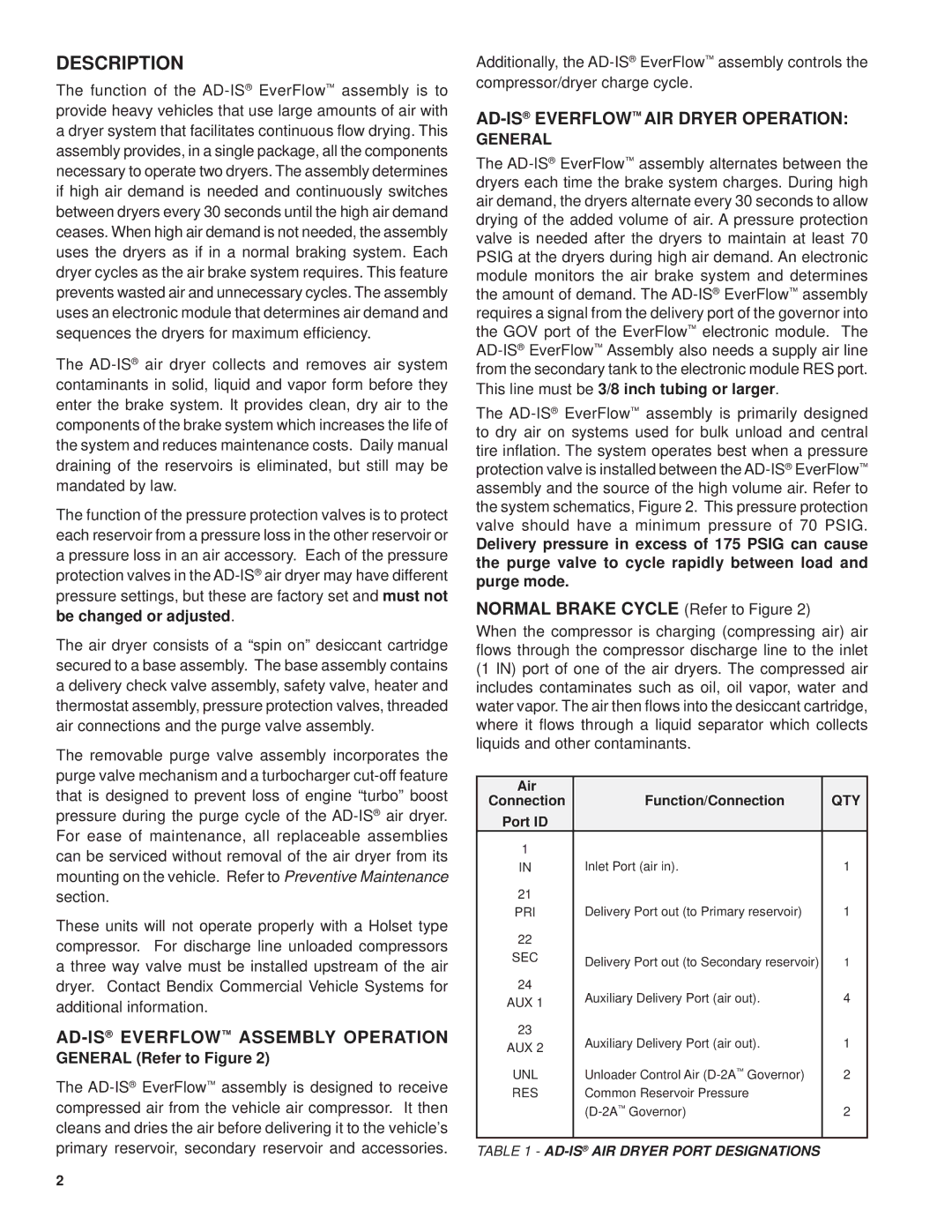 BENDIX BW2077 manual AD-ISEVERFLOW Assembly Operation, AD-ISEVERFLOW AIR Dryer Operation, General 