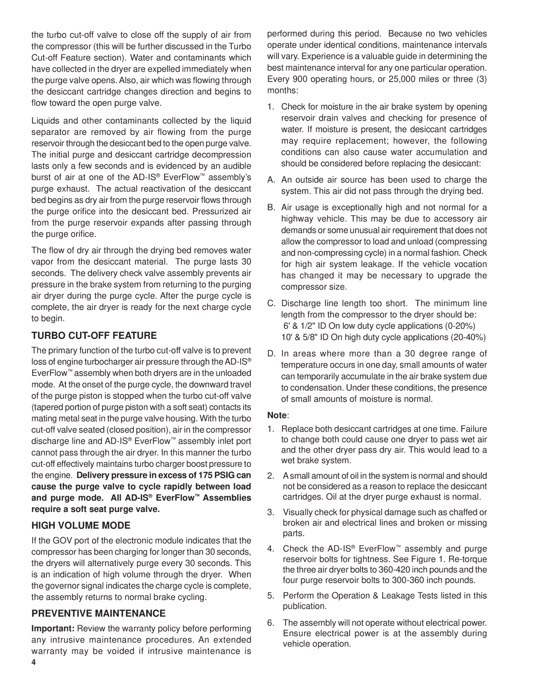 BENDIX BW2077 manual Turbo CUT-OFF Feature, High Volume Mode, Preventive Maintenance 