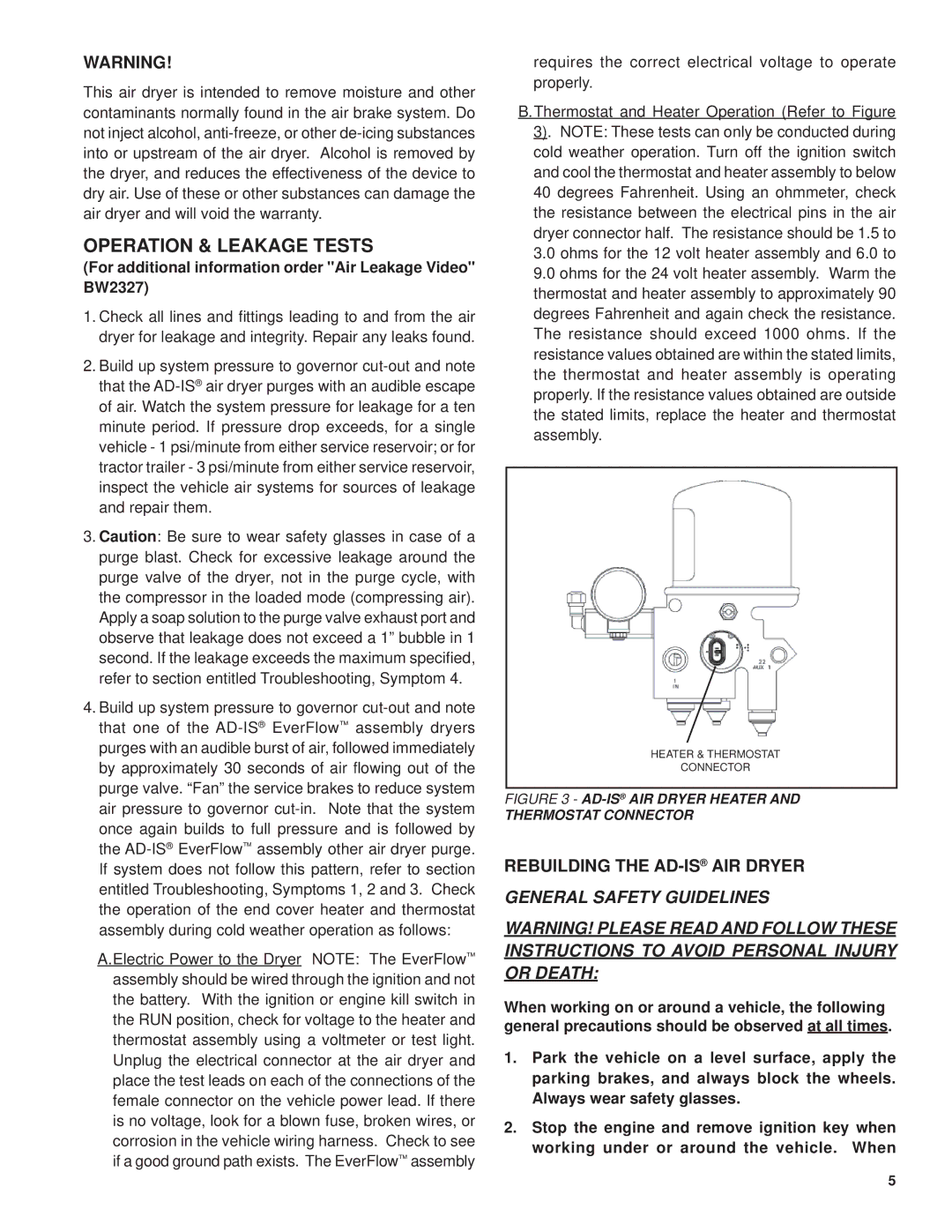 BENDIX BW2077 manual Operation & Leakage Tests, Rebuilding the AD-ISAIR Dryer 