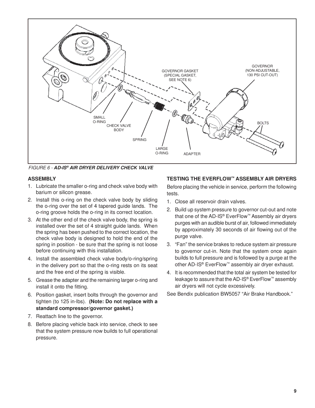 BENDIX BW2077 manual Testing the Everflow Assembly AIR Dryers 