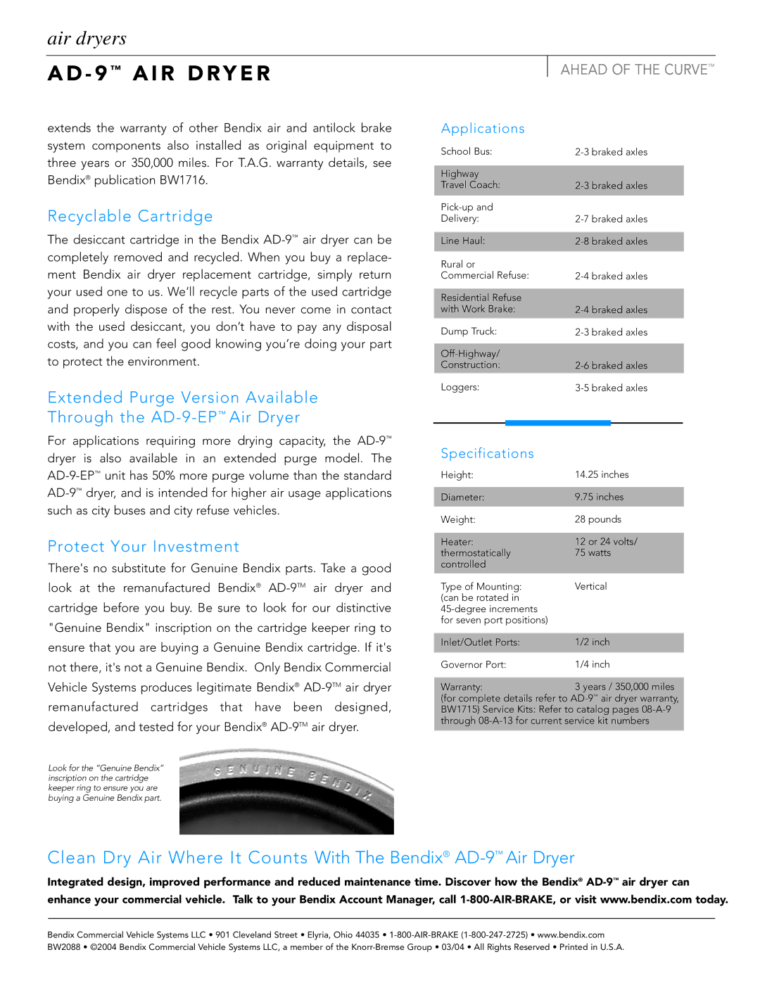 BENDIX BW2088 manual Recyclable Cartridge, Protect Your Investment, Applications, Specifications 