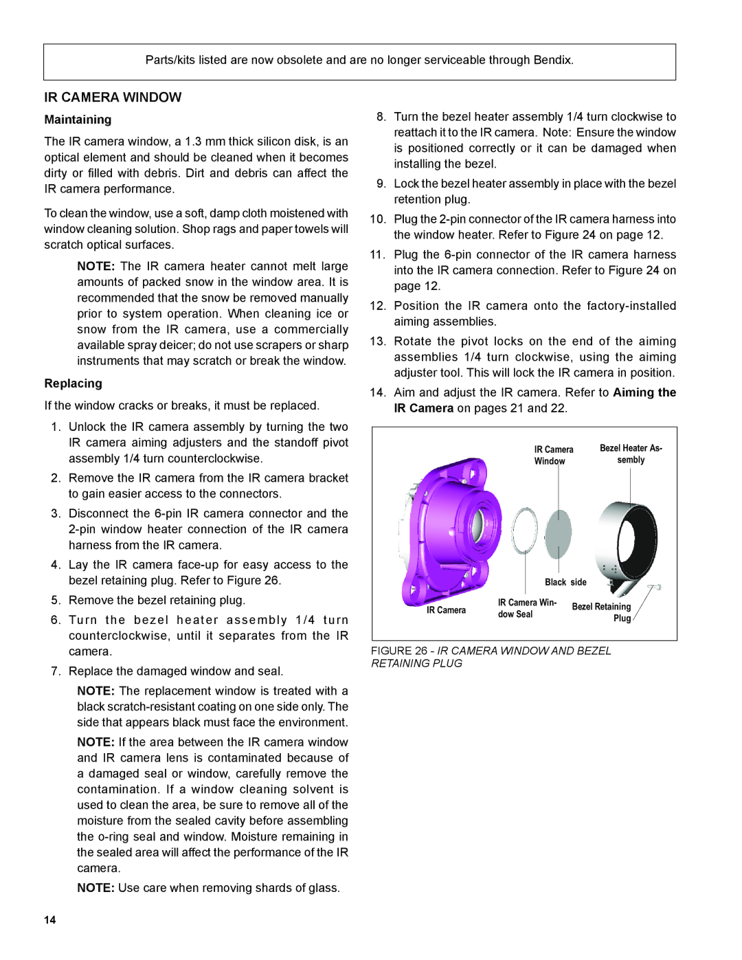 BENDIX BW2212 manual IR Camera Window, Replacing 