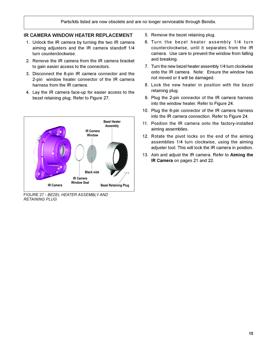 BENDIX BW2212 manual IR Camera Window Heater Replacement, Bezel Heater Assembly and Retaining Plug 
