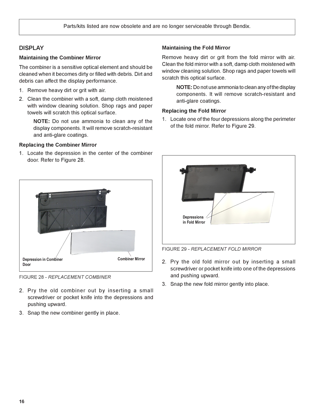 BENDIX BW2212 manual Display, Maintaining the Combiner Mirror, Replacing the Combiner Mirror, Maintaining the Fold Mirror 