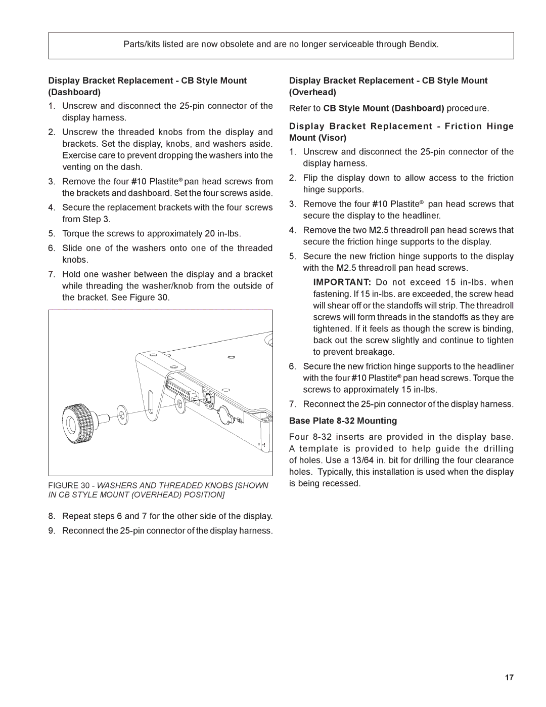 BENDIX BW2212 manual Display Bracket Replacement CB Style Mount Dashboard, Base Plate 8-32 Mounting 