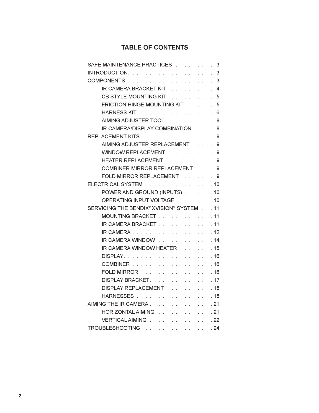 BENDIX BW2212 manual Table of Contents 