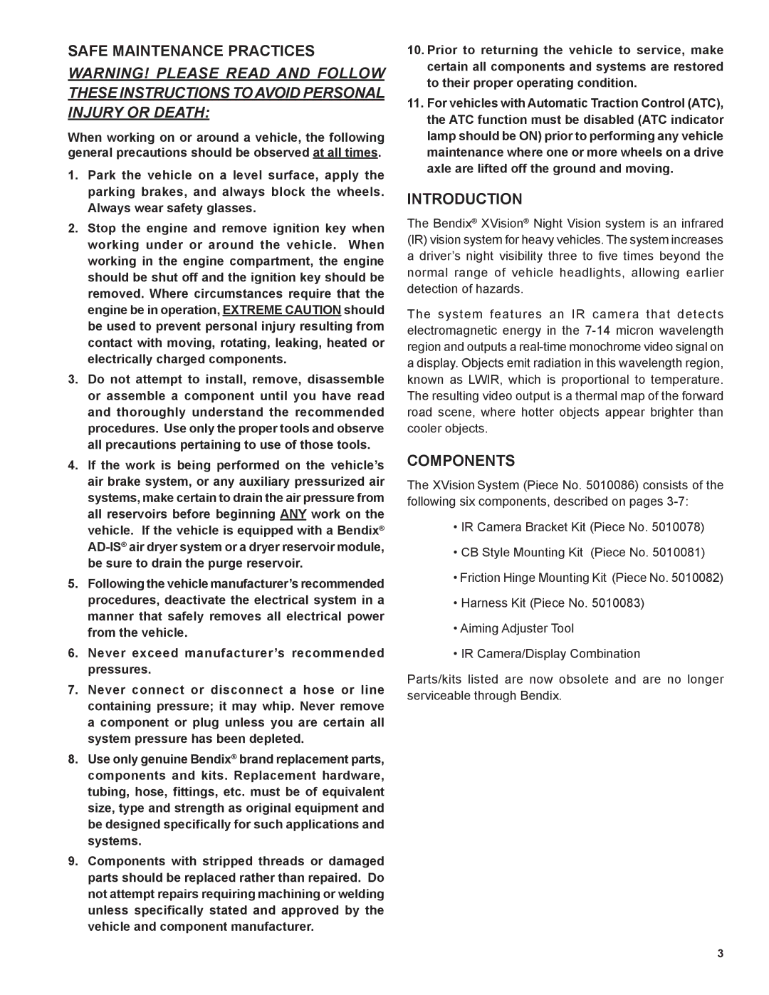 BENDIX BW2212 manual Safe Maintenance Practices, Introduction, Components 