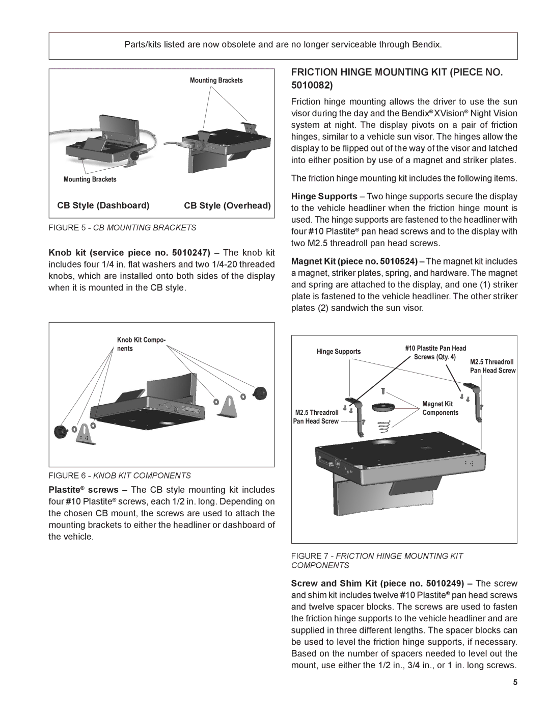 BENDIX BW2212 manual Friction Hinge Mounting KIT Piece no, CB Style Dashboard CB Style Overhead 