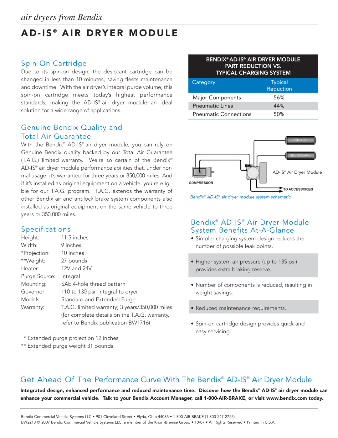 BENDIX BW2213 manual I S a I R D RY E R M O D U L E, Spin-On Cartridge, Genuine Bendix Quality Total Air Guarantee 