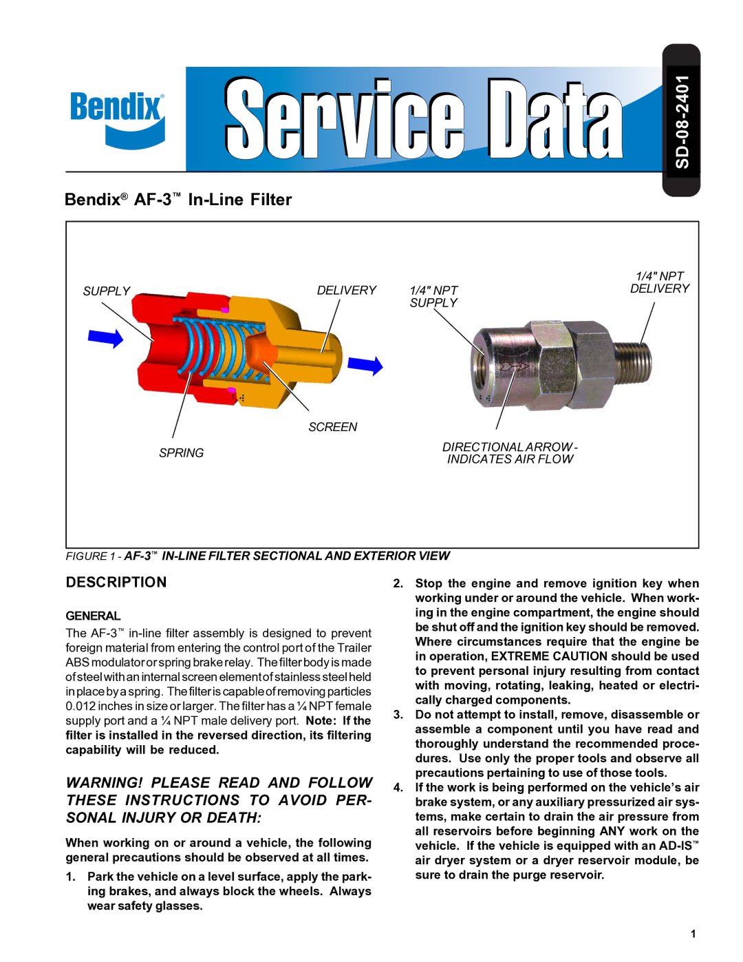 BENDIX BW2263 manual SD-08-2401, Description, General 