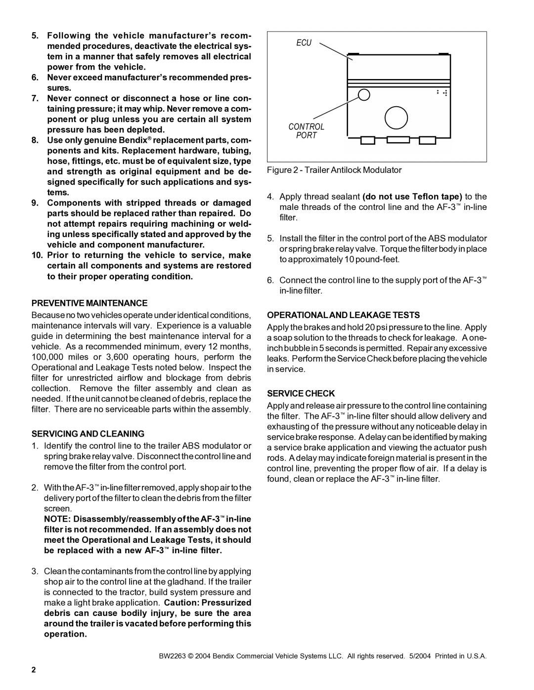 BENDIX BW2263 manual Preventive Maintenance, Servicing and Cleaning, Operationaland Leakage Tests, Service Check 