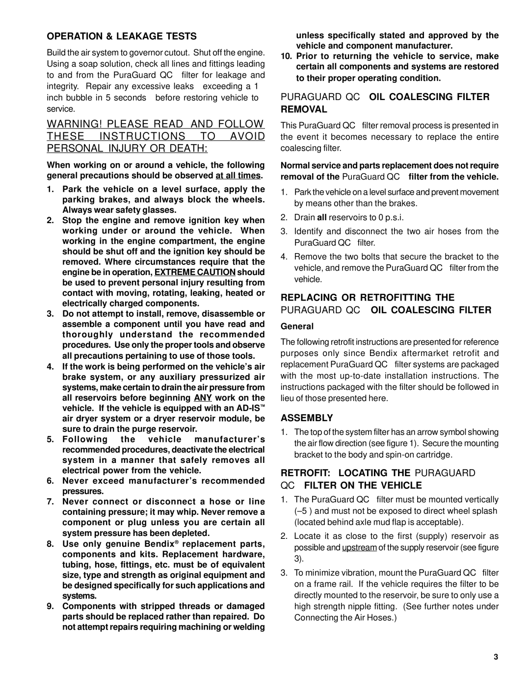 BENDIX BW2396 manual Operation & Leakage Tests, Puraguard QC OIL Coalescing Filter Removal, Assembly, General 