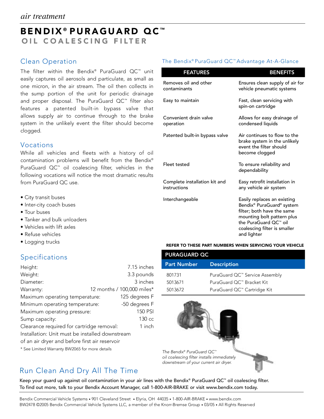 BENDIX BW2478 manual Clean Operation, Vocations, Specifications, Benefits, Puraguard QC 