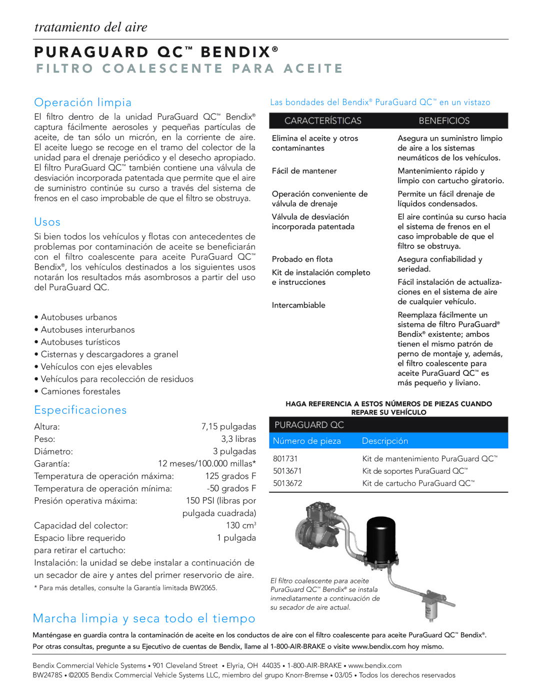 BENDIX BW2478S manual Operación limpia, Usos, Especificaciones, Característicasbeneficios, Puraguard QC 