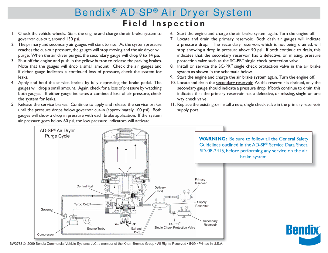 BENDIX BW2763 manual Bendix AD-SPAir Dryer System, E l d I n s p e c t i o n 