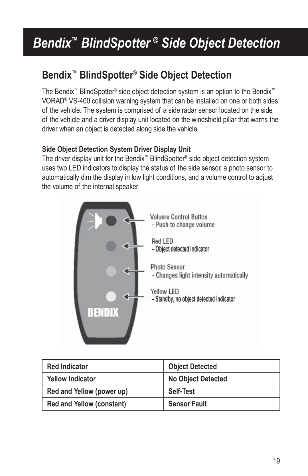 BENDIX BW2769 manual Bendix BlindSpotter Side Object Detection, Side Object Detection System Driver Display Unit 