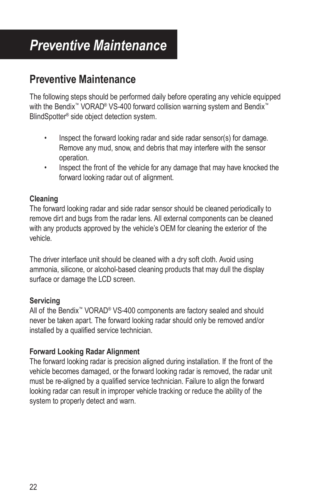 BENDIX BW2769 manual Preventive Maintenance, Cleaning, Servicing, Forward Looking Radar Alignment 