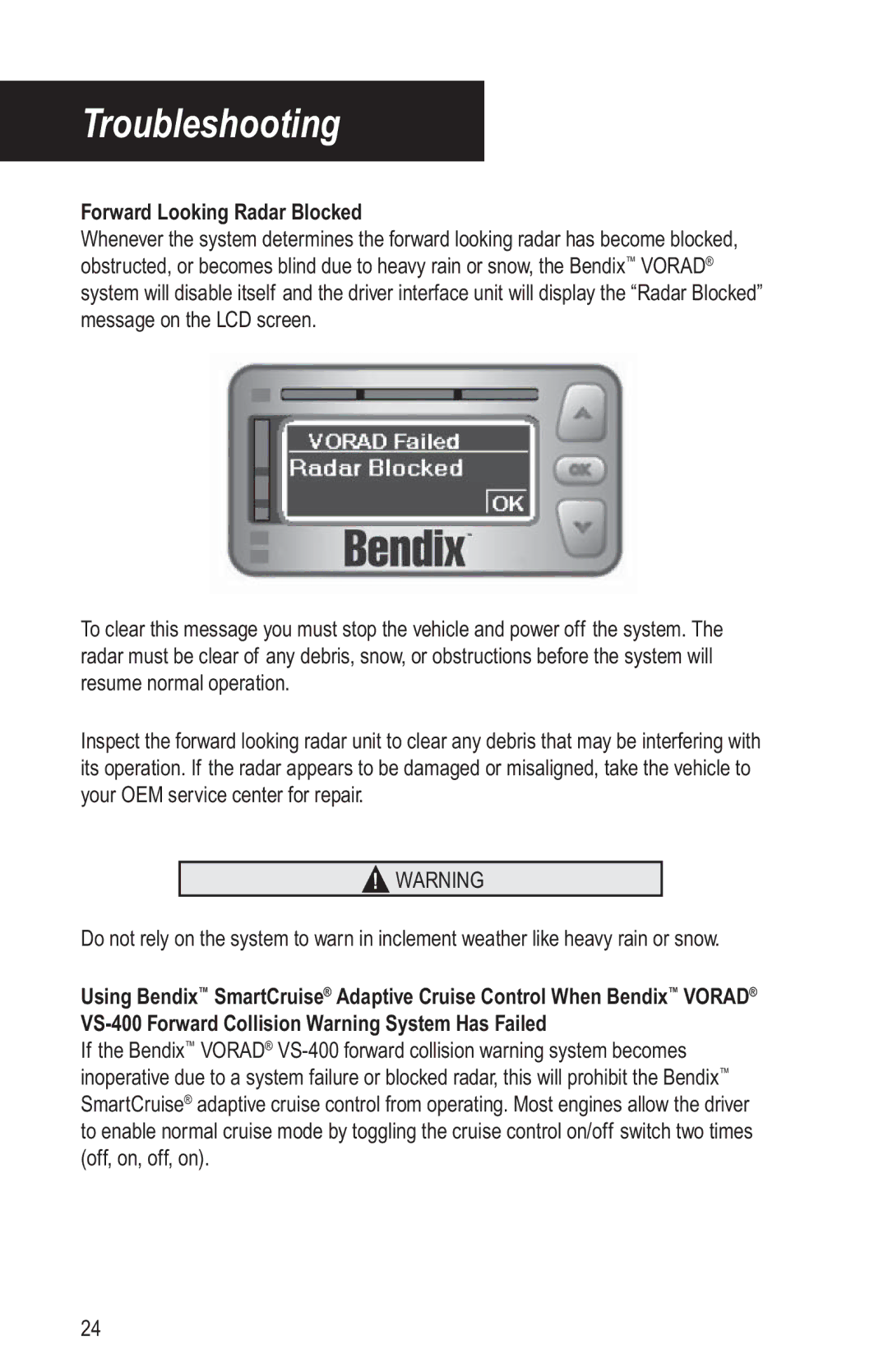 BENDIX BW2769 manual Forward Looking Radar Blocked 