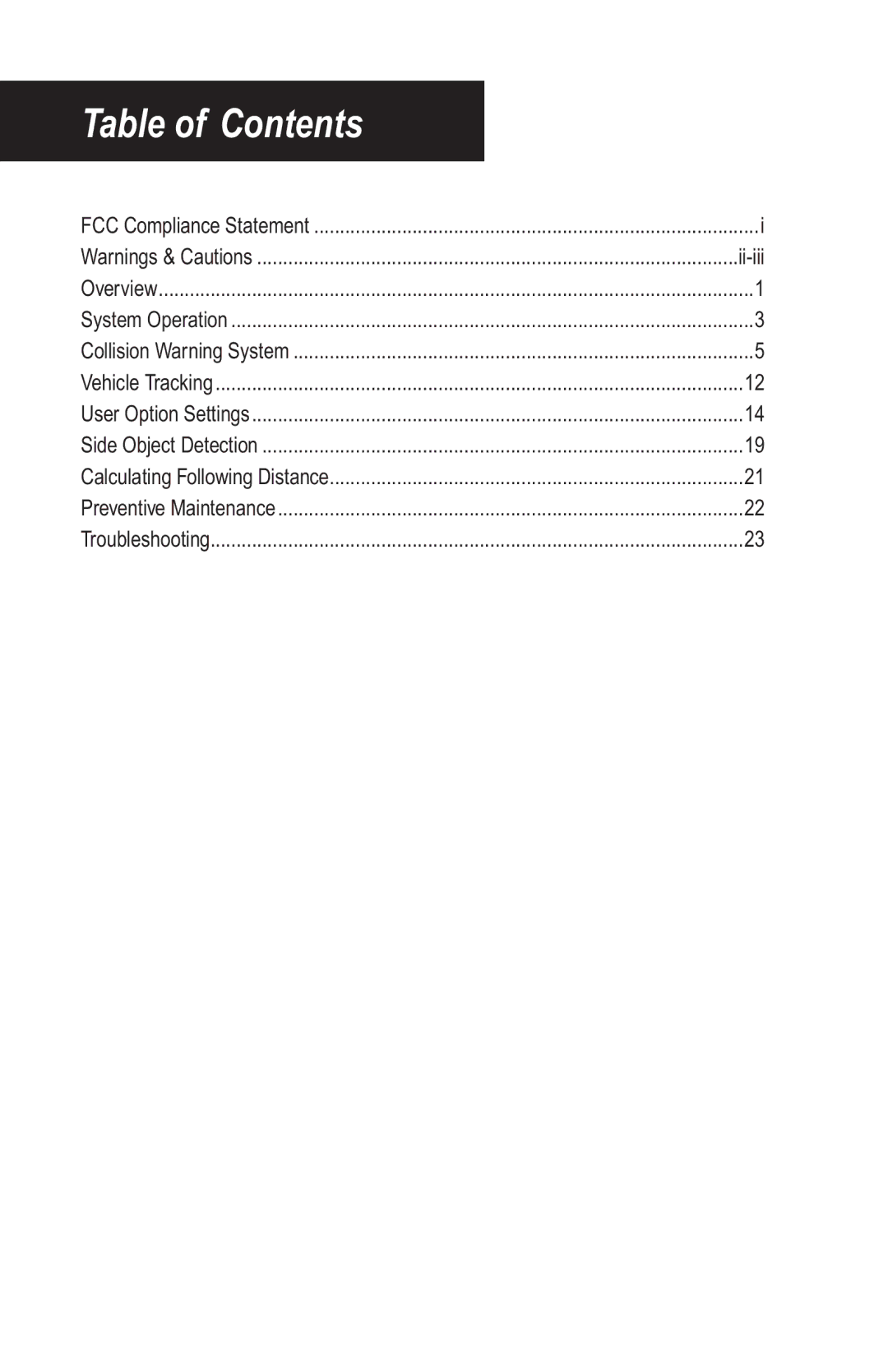 BENDIX BW2769 manual Table of Contents 