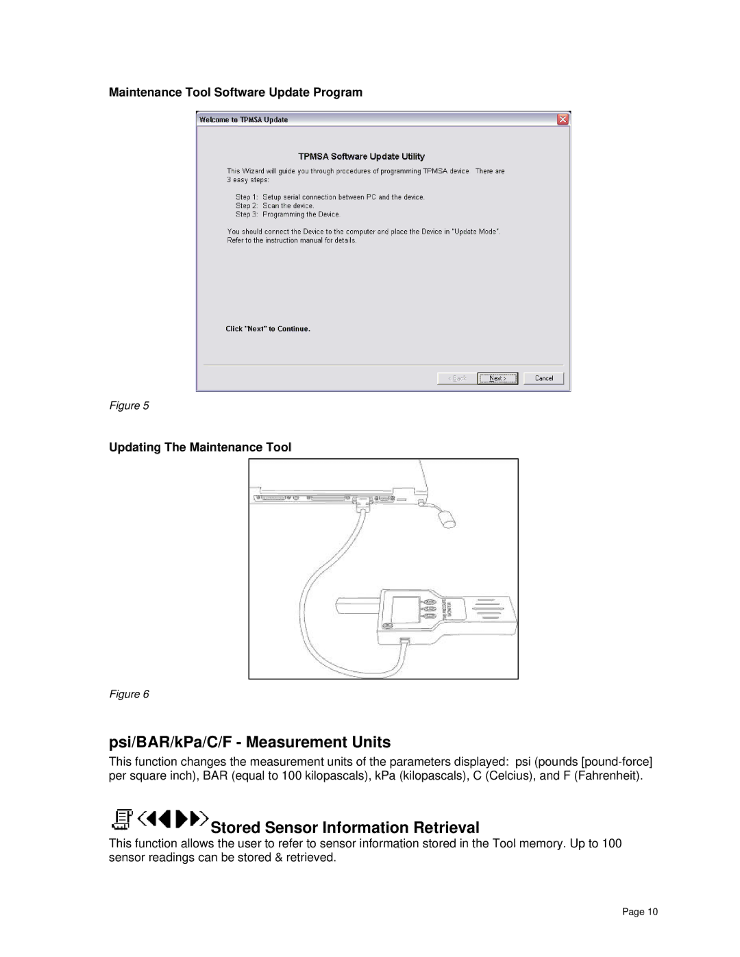 BENDIX BW2809 manual Psi/BAR/kPa/C/F Measurement Units, Stored Sensor Information Retrieval 