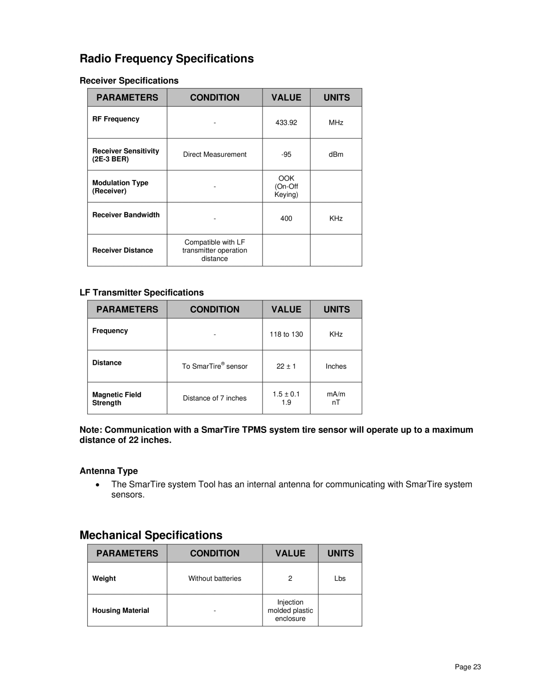 BENDIX BW2809 manual Radio Frequency Specifications, Mechanical Specifications, Receiver Specifications, Antenna Type 