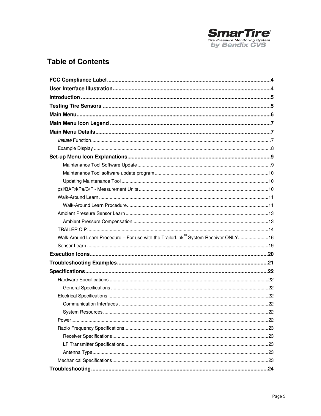 BENDIX BW2809 manual Table of Contents 