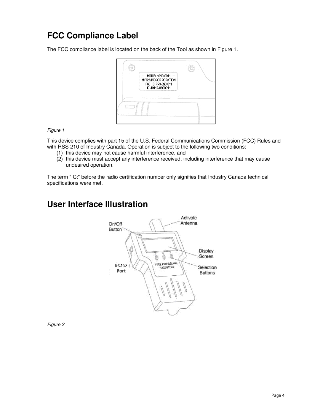 BENDIX BW2809 manual FCC Compliance Label, User Interface Illustration 