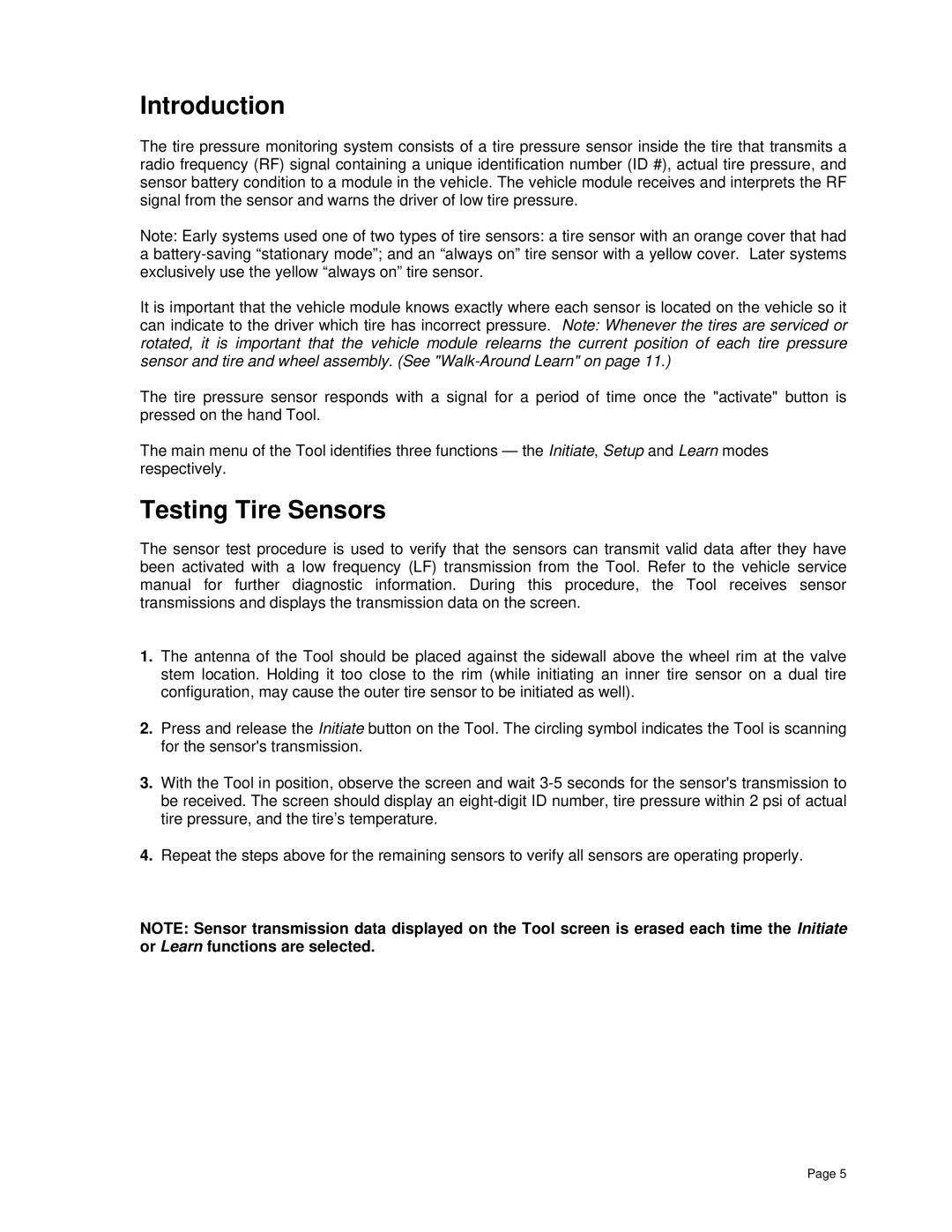 BENDIX BW2809 manual Introduction, Testing Tire Sensors 