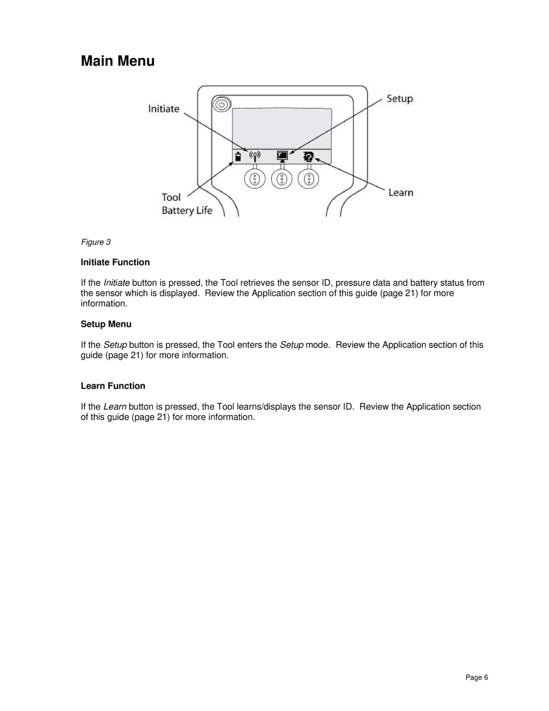 BENDIX BW2809 manual Main Menu, Initiate Function, Setup Menu, Learn Function 