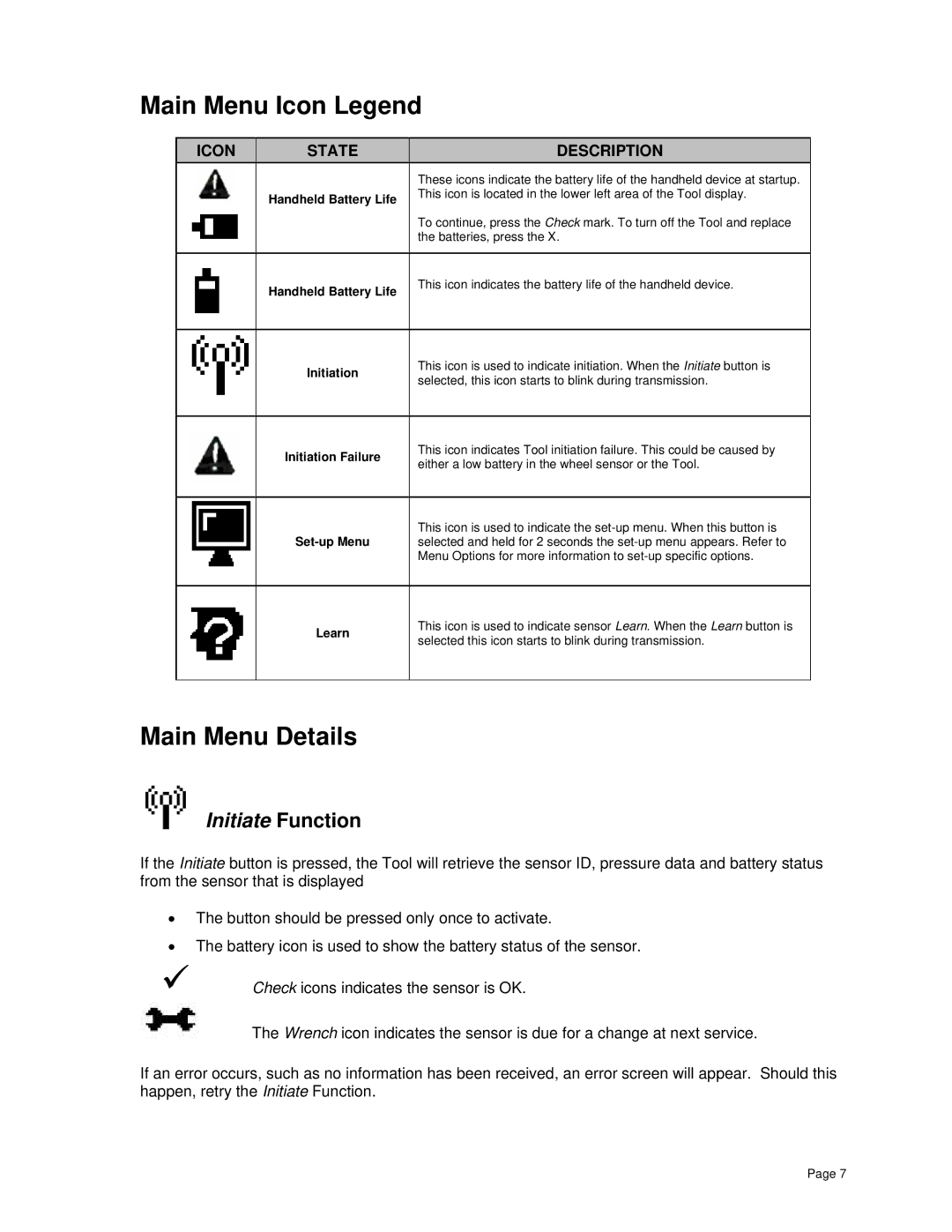 BENDIX BW2809 manual Main Menu Icon Legend, Main Menu Details 