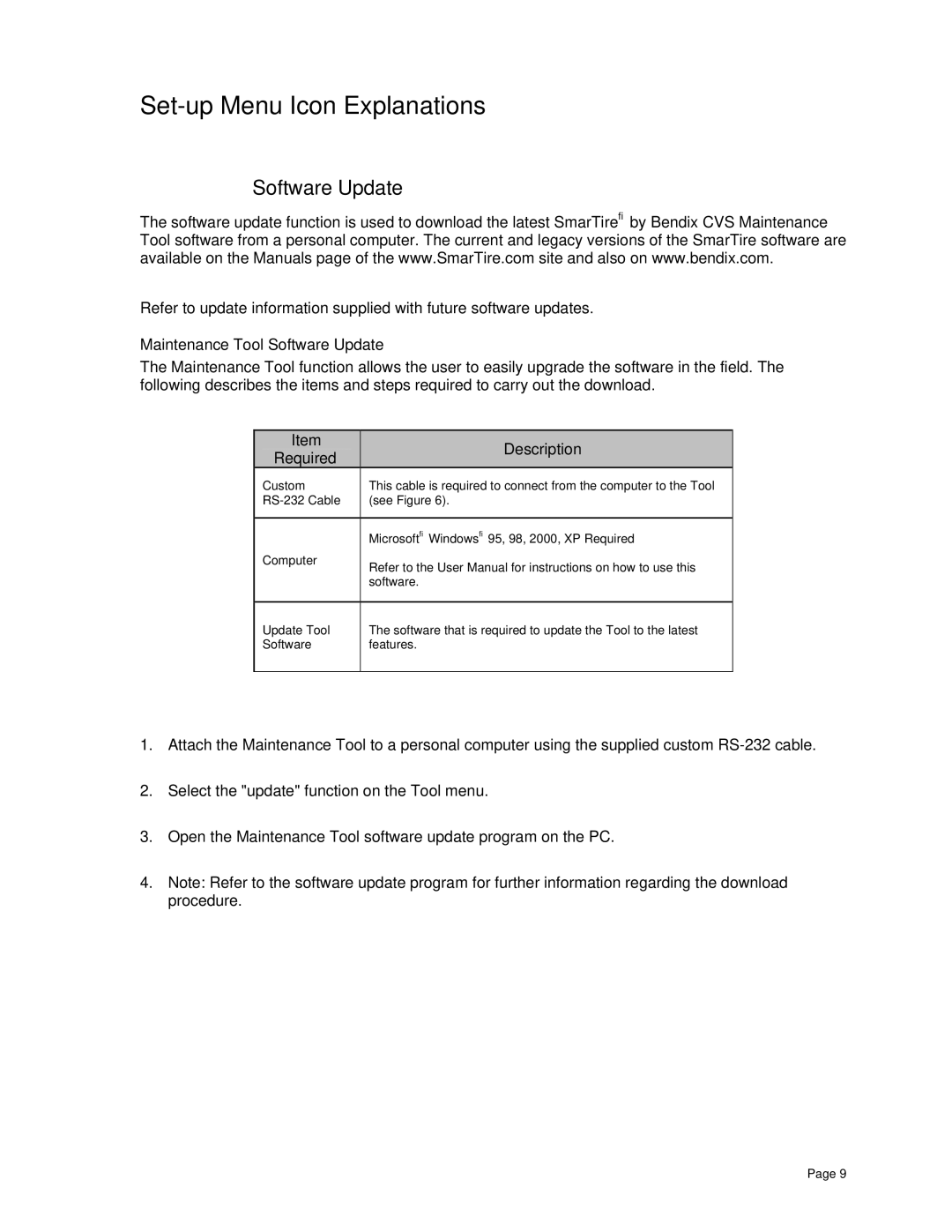 BENDIX BW2809 manual Set-up Menu Icon Explanations, Maintenance Tool Software Update, Description Required 