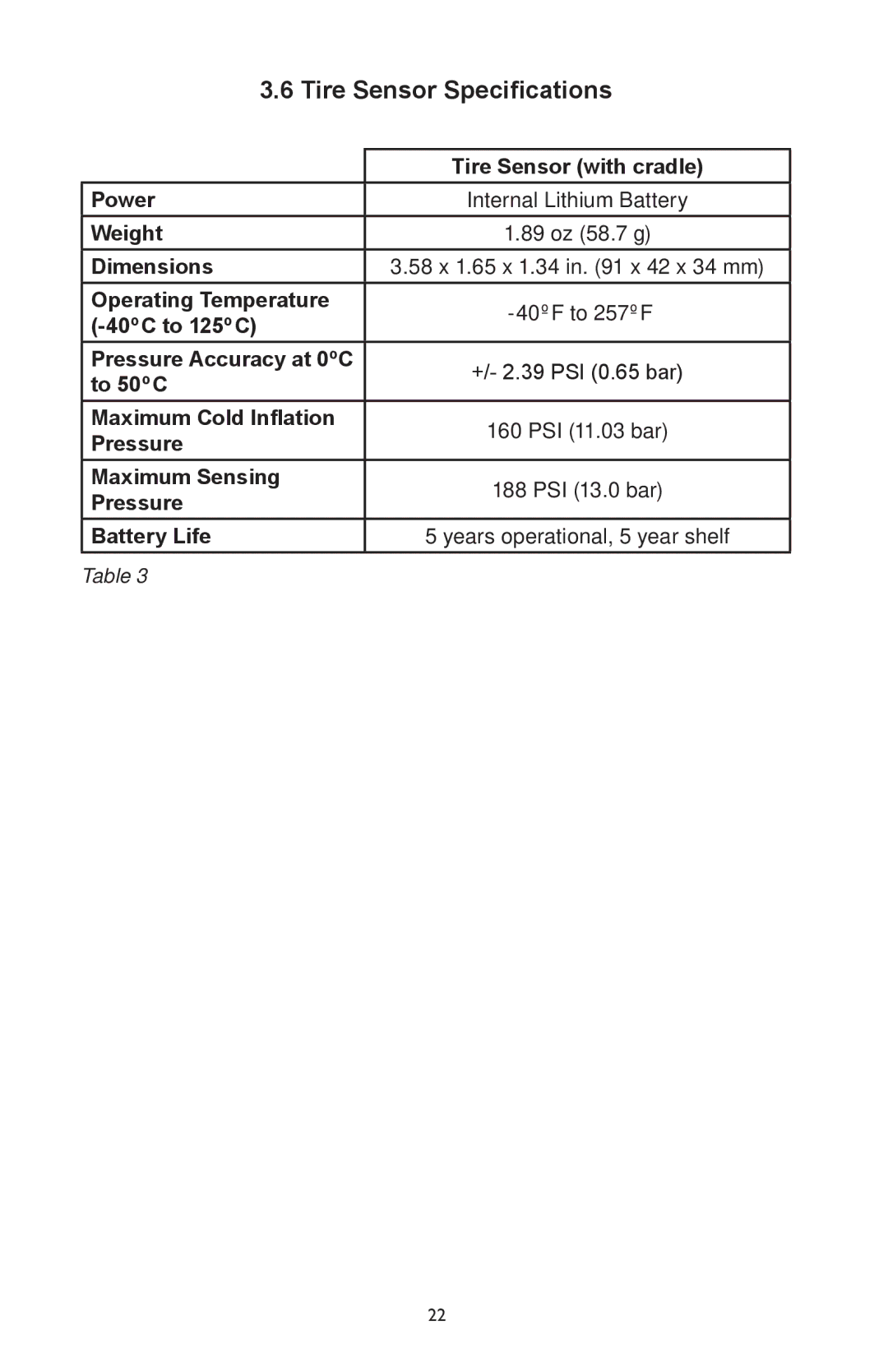 BENDIX BW2920 manual Tire Sensor Specifications 