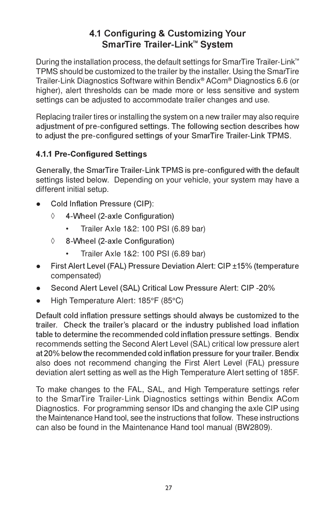 BENDIX BW2920 manual Configuring & Customizing Your SmarTire Trailer-LinkSystem, Pre-Configured Settings 