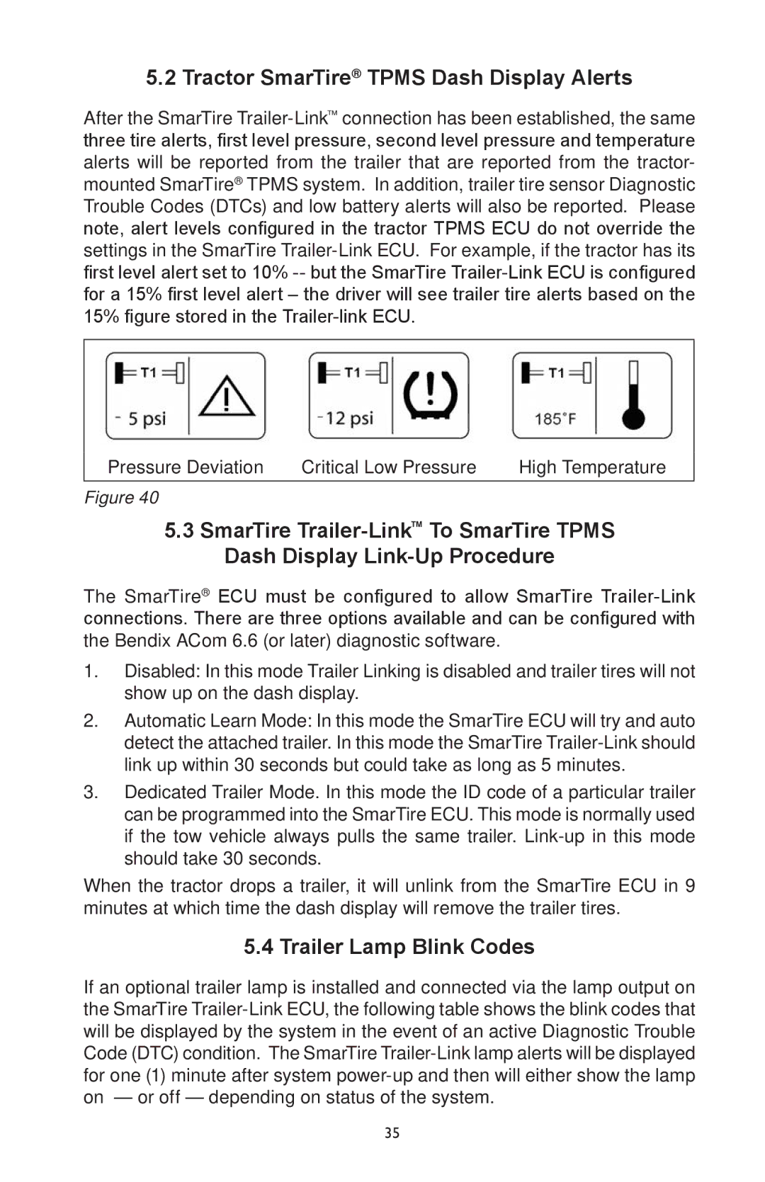 BENDIX BW2920 manual Tractor SmarTire Tpms Dash Display Alerts, Trailer Lamp Blink Codes 