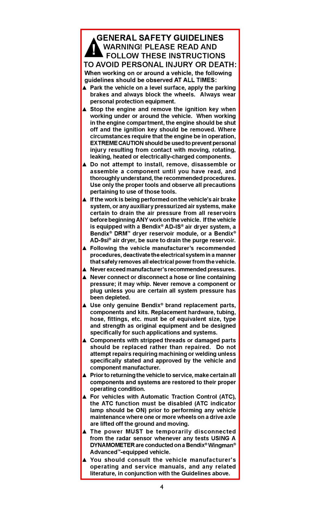 BENDIX BW2920 manual General Safety Guidelines 