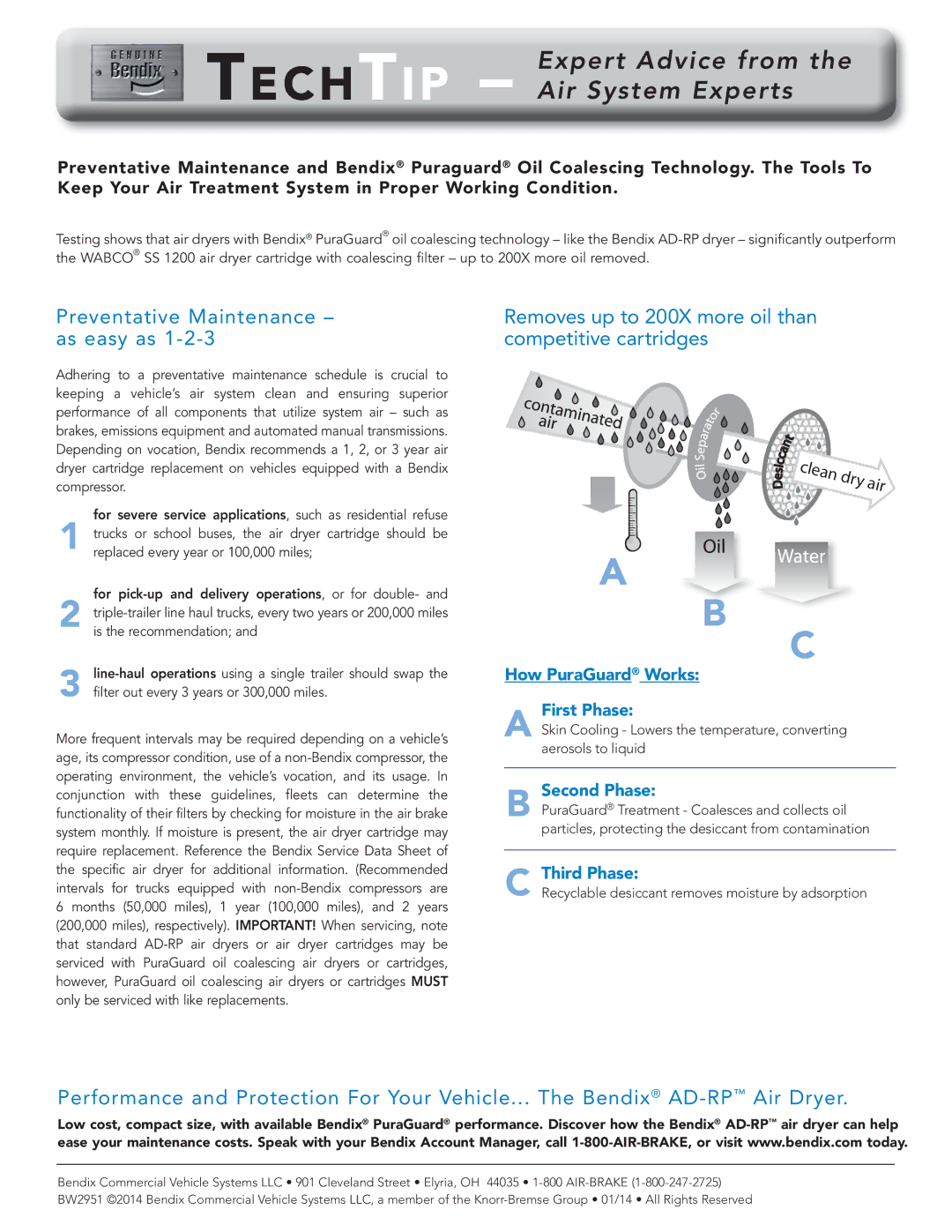 BENDIX BW2951 manual Preventative Maintenance as easy as, Removes up to 200X more oil than competitive cartridges 