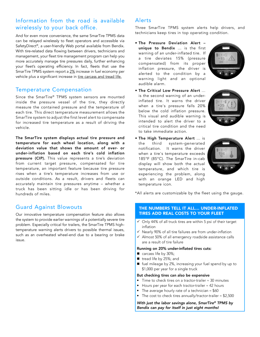 BENDIX BW2958 manual Temperature Compensation, Alerts, Guard Against Blowouts 