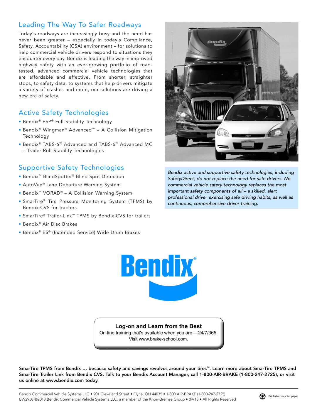 BENDIX BW2958 manual Leading The Way To Safer Roadways, Active Safety Technologies, Supportive Safety Technologies 