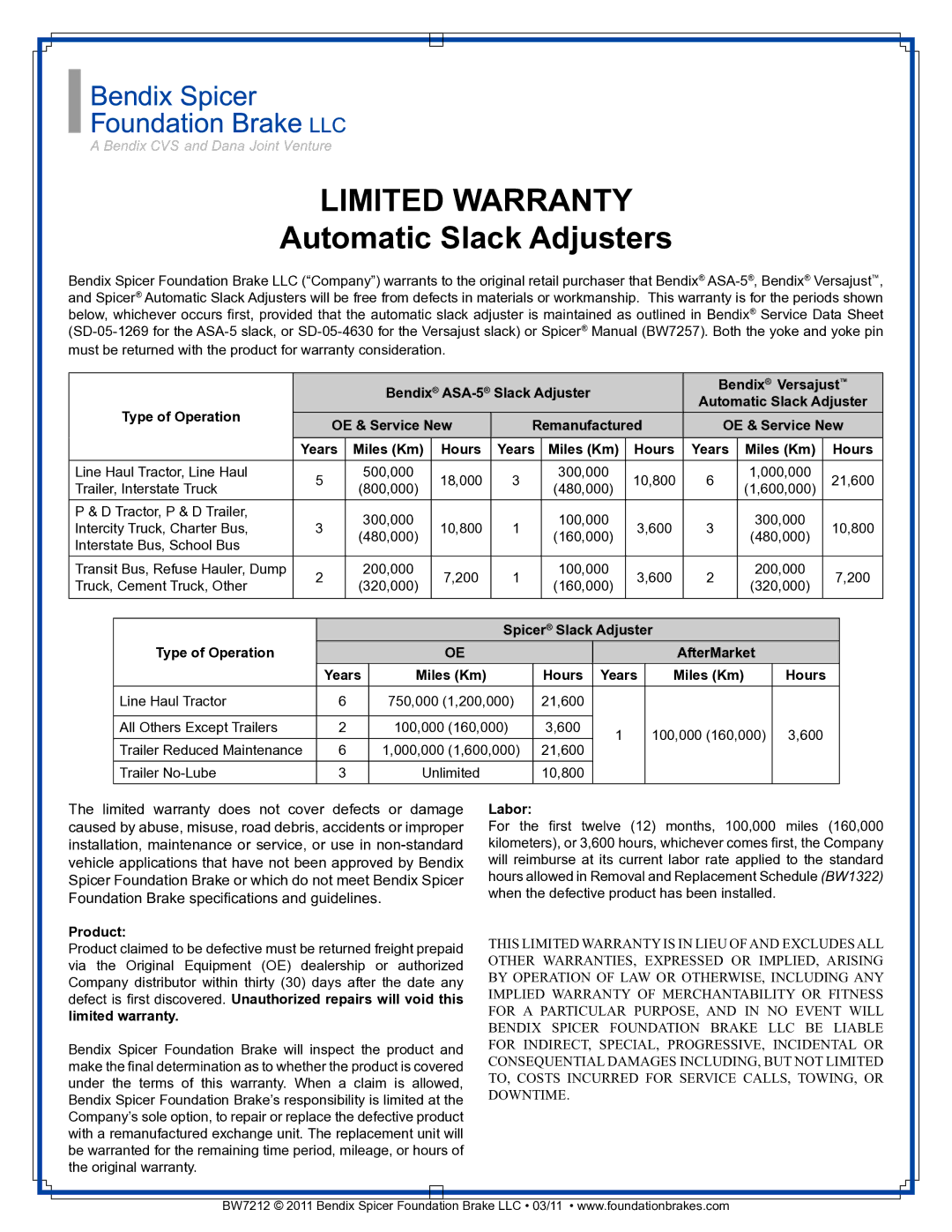 BENDIX BW7212 manual Limited Warranty, Automatic Slack Adjusters 