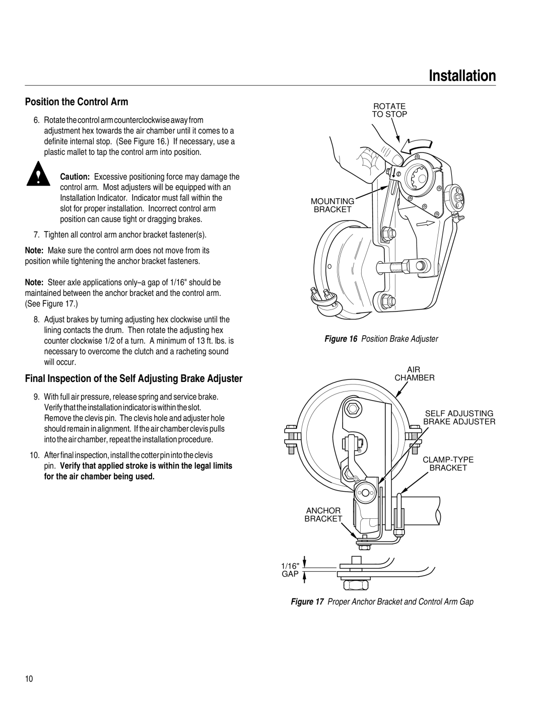 BENDIX BW7257 manual Position the Control Arm, Final Inspection of the Self Adjusting Brake Adjuster 