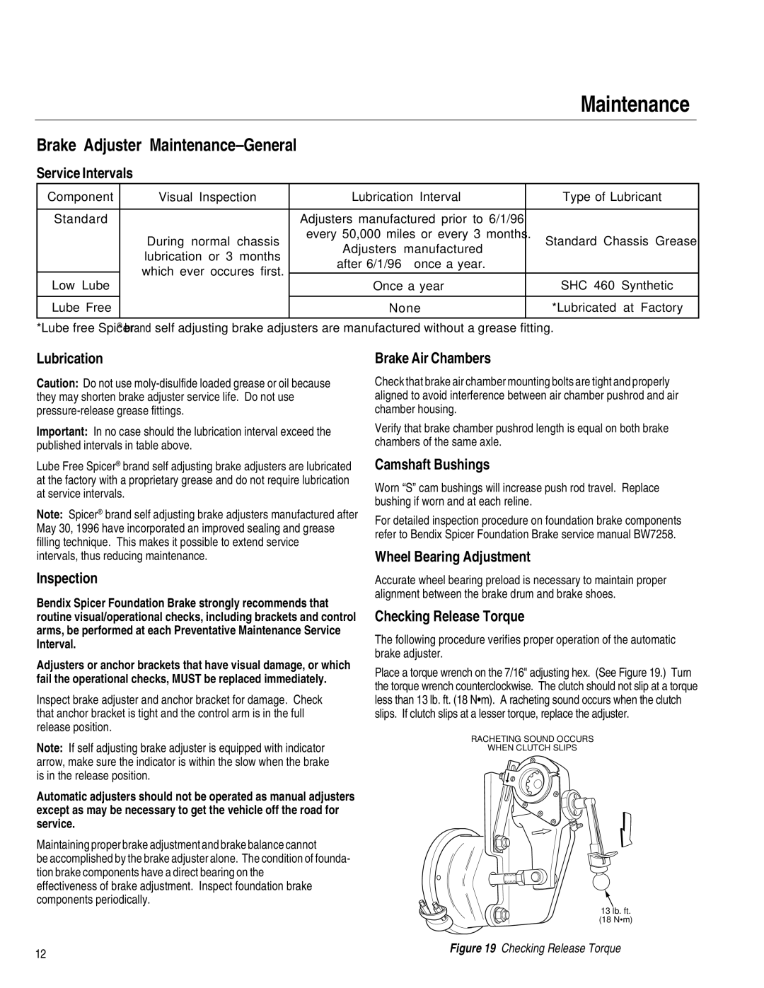 BENDIX BW7257 manual Lubrication, Inspection, Brake Air Chambers, Camshaft Bushings, Wheel Bearing Adjustment 