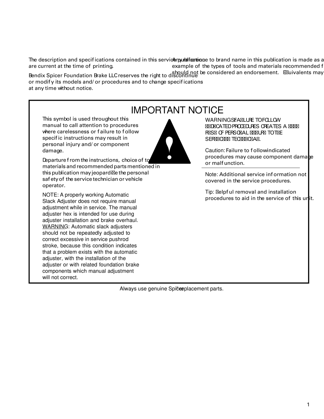 BENDIX BW7257 manual Important Notice 