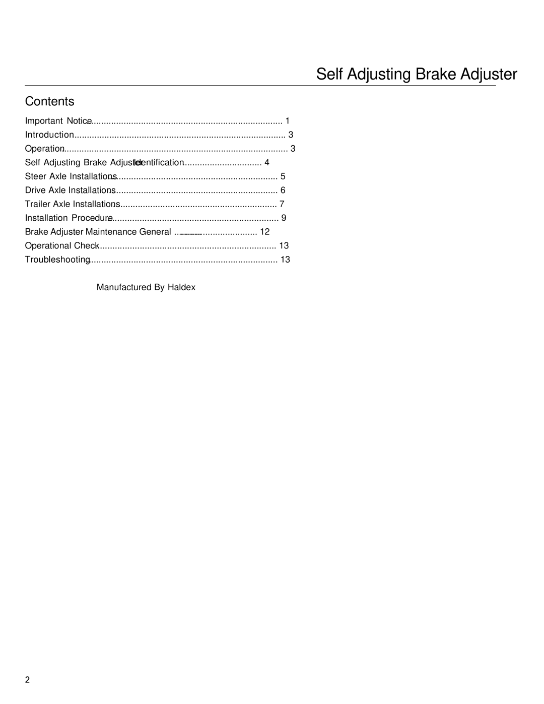 BENDIX BW7257 manual Self Adjusting Brake Adjuster, Contents 