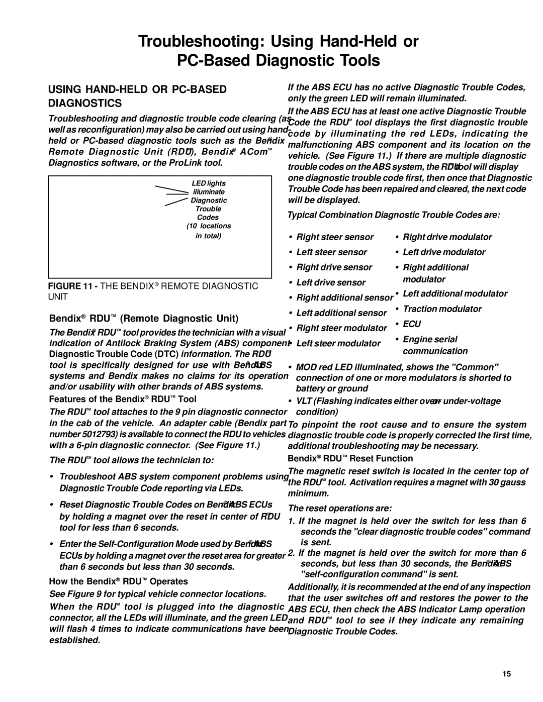 BENDIX EC-60 ABS-ATC STD-PREM CONTROLLERS manual Using HAND-HELD or PC-BASED Diagnostics, Bendix RDU Remote Diagnostic Unit 