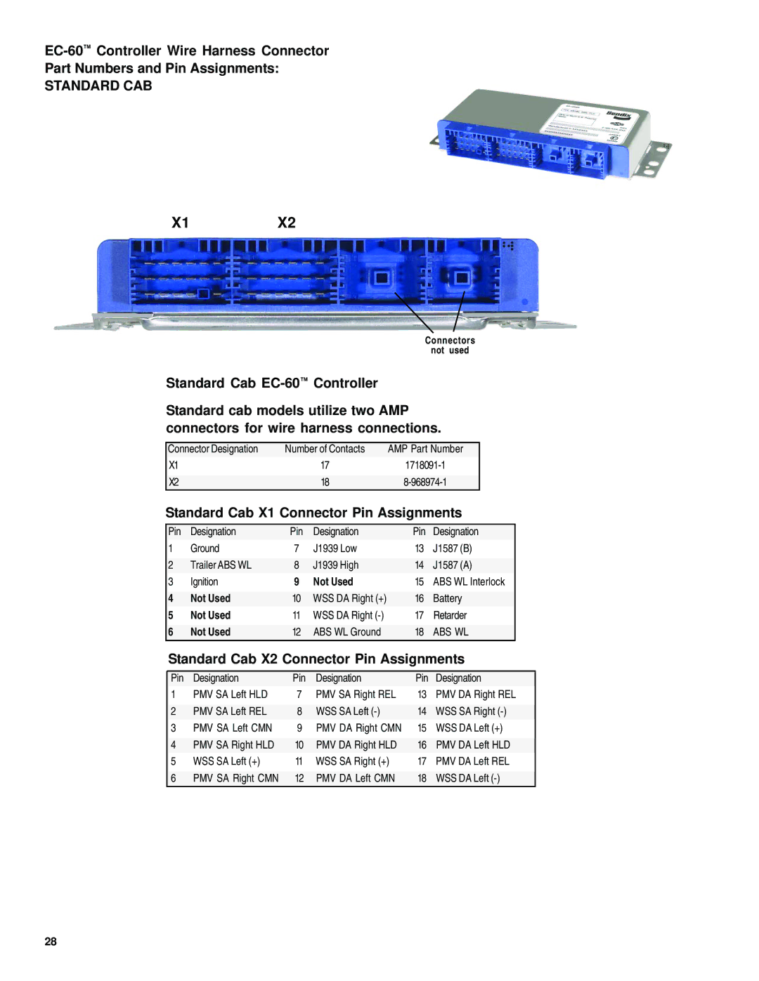 BENDIX EC-60 ABS-ATC STD-PREM CONTROLLERS manual Standard Cab X1 Connector Pin Assignments, Not Used 