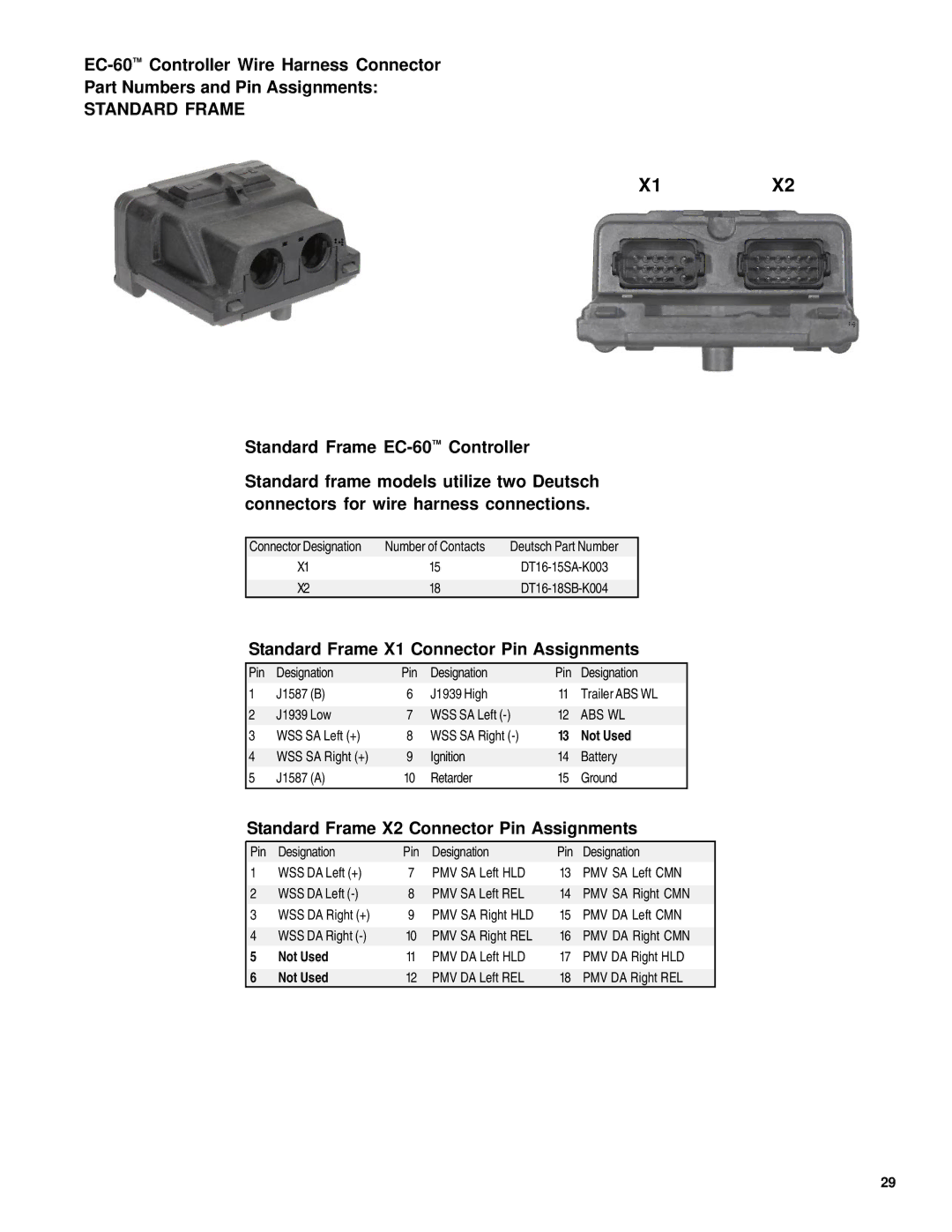 BENDIX EC-60 ABS-ATC STD-PREM CONTROLLERS manual Standard Frame X1 Connector Pin Assignments 