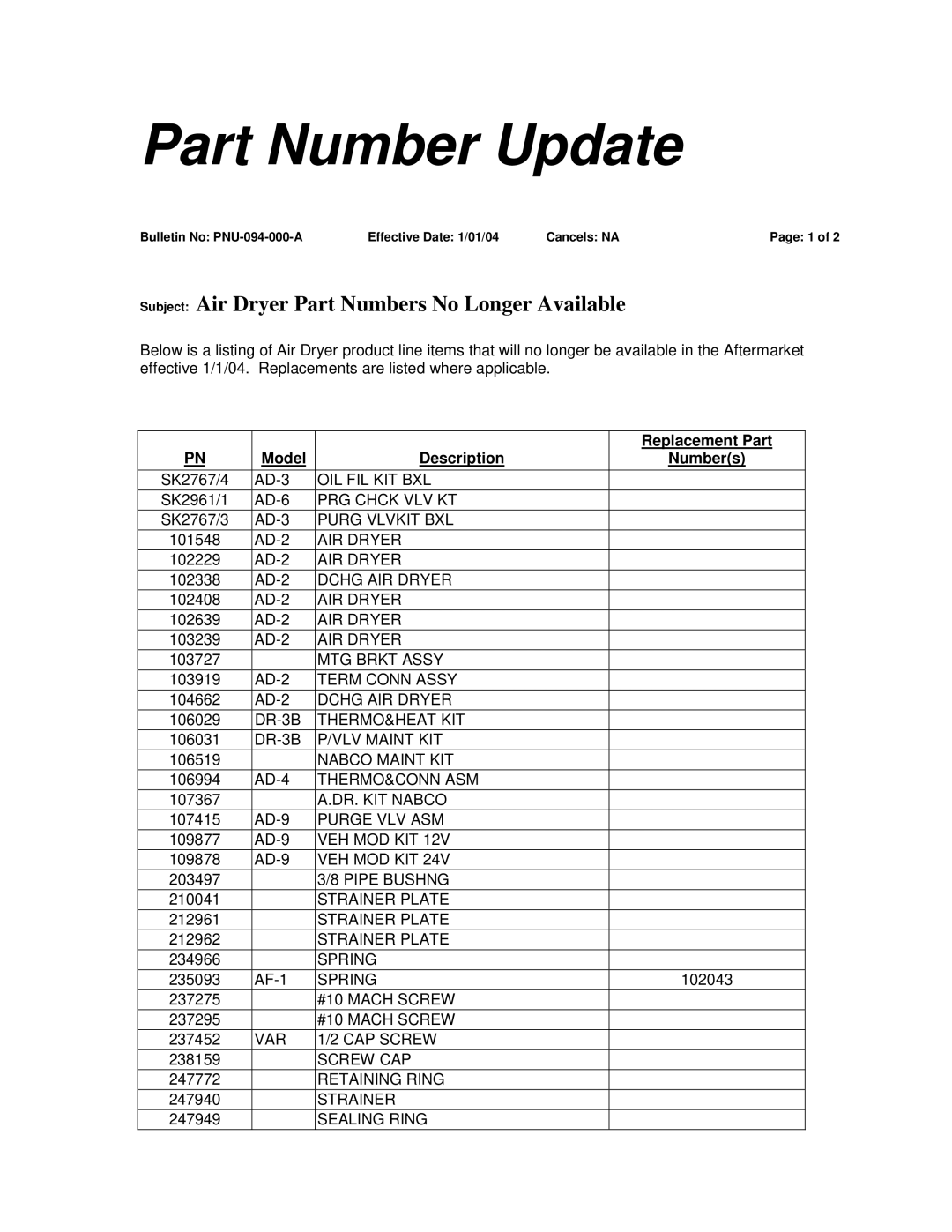 BENDIX PNU-094 manual Part Number Update, Subject Air Dryer Part Numbers No Longer Available, Replacement Part 