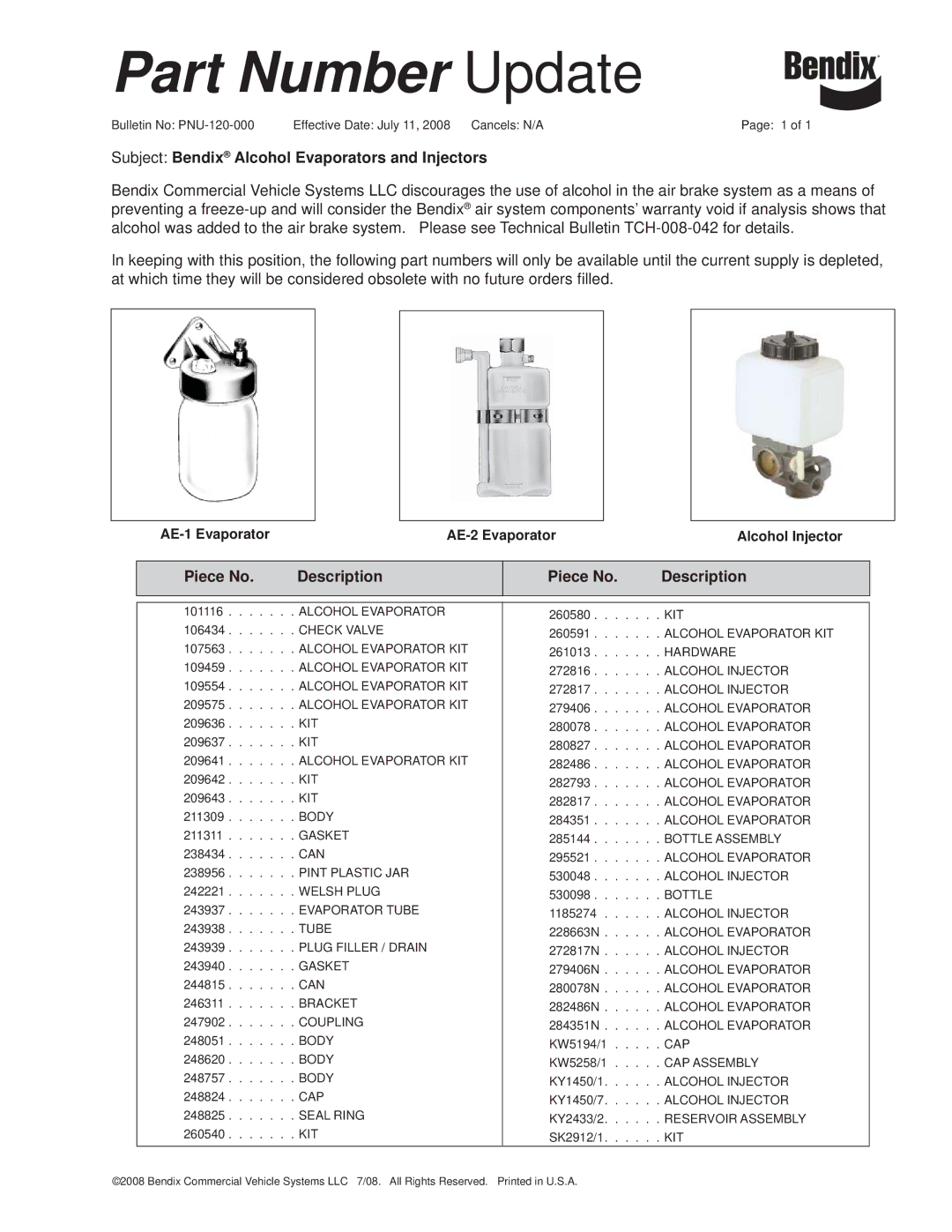 BENDIX PNU-120 manual Part Number Update, Subject Bendix Alcohol Evaporators and Injectors, Piece No Description 