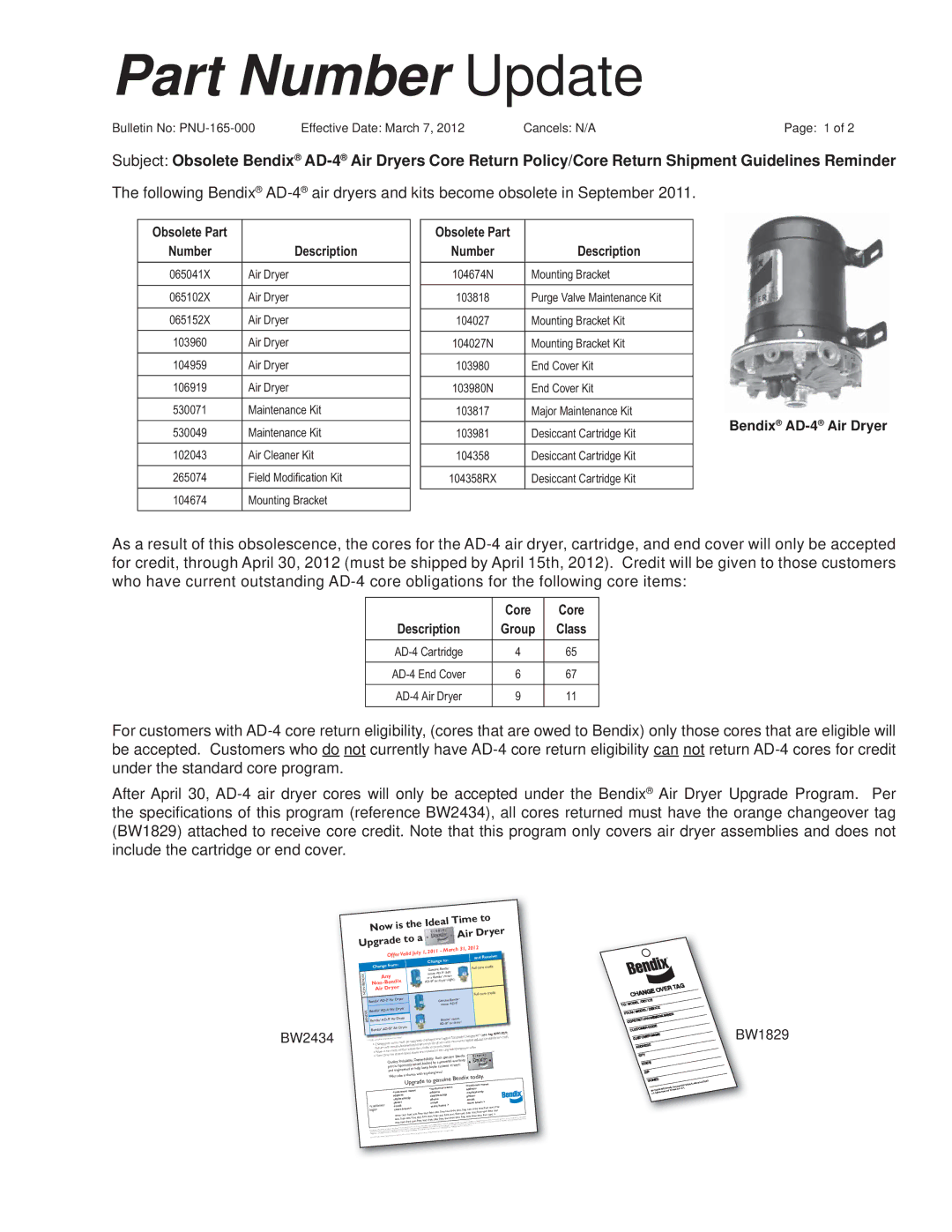 BENDIX PNU-165 manual Description, Bendix AD-4 Air Dryer, Core 