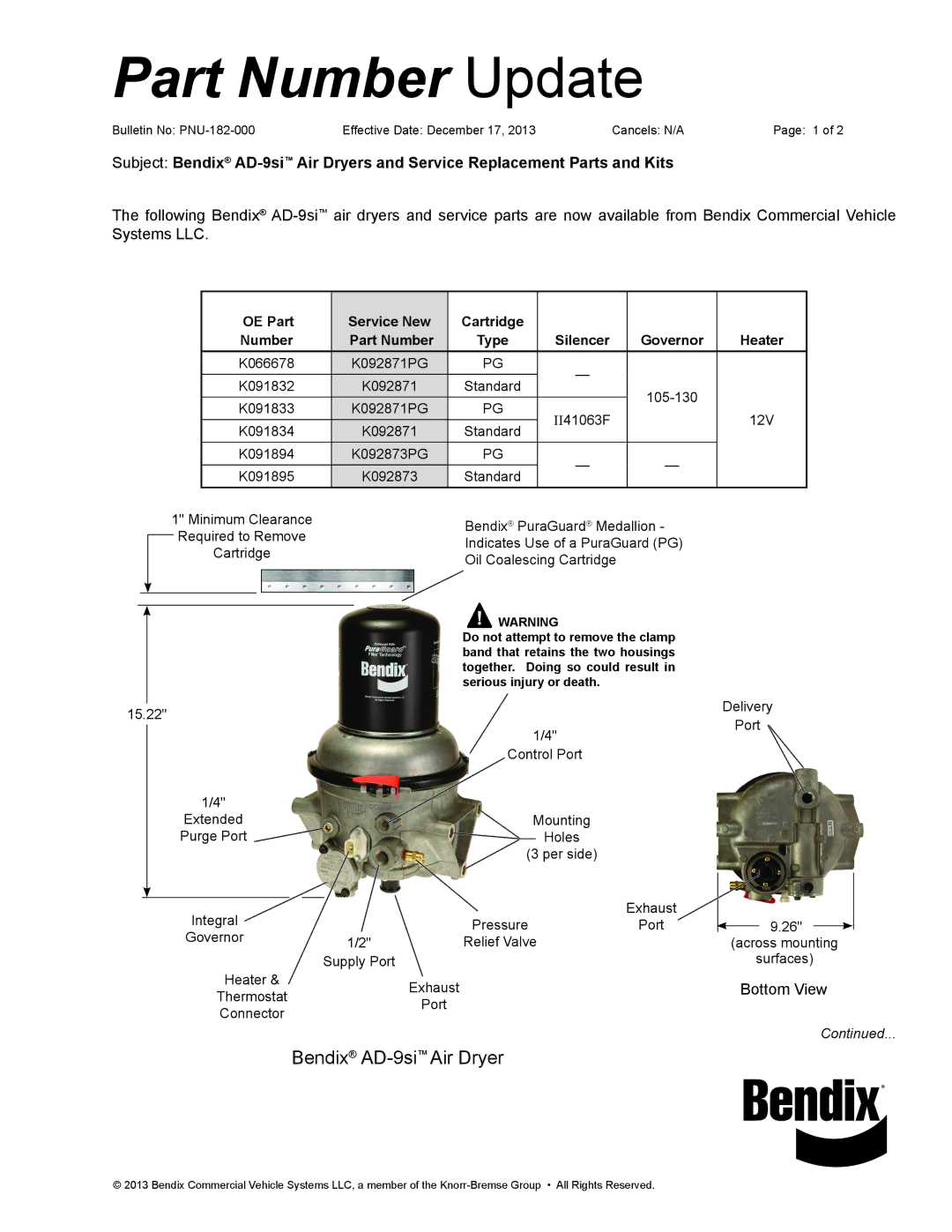 BENDIX PNU-182 manual Part Number Update, Bendix AD-9siAir Dryer, OE Part Service New Cartridge Number Part Number Type 